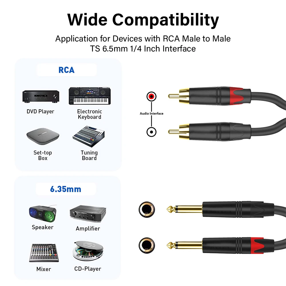 Gold Plated 1/2 6.35 mm To 1/2 RCA Cable 1/4 inch TS Mono 6.5mm Jack Adapter For Speaker Amplifier Mixer Mixing