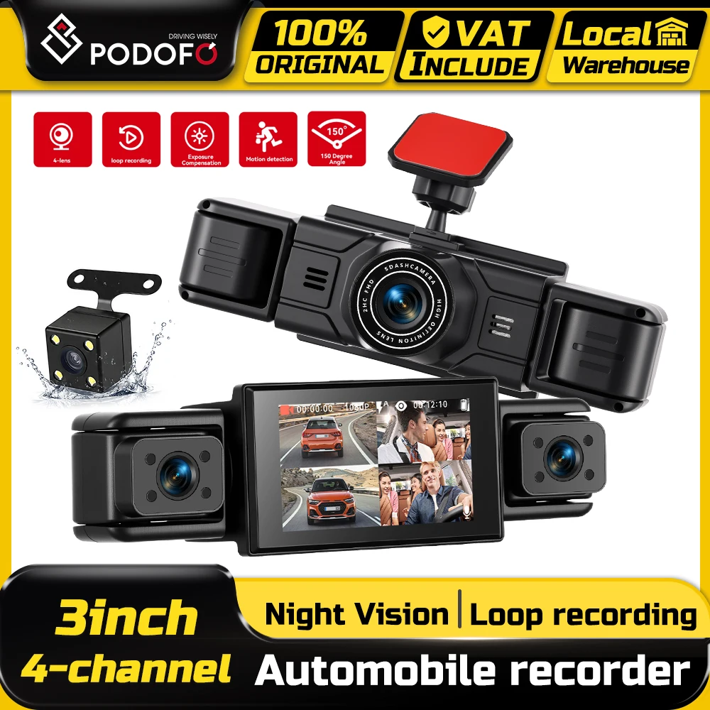 Podofo 3 Zoll Auto-Dashcam 1080P Vorne Links Rechts Hinten Nachtsicht Schleifenaufnahme Auto-Videorekorder Bewegungserkennung Parküberwachung Nachtsicht