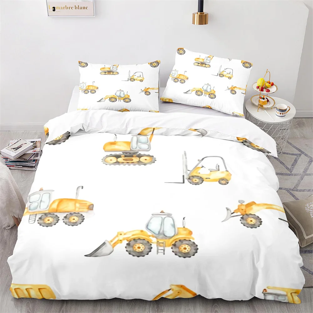 Digger Duvet Cover Set Cartoon Heavy Machinery Truck Crane Mixer Excavator Tractor Pattern for Kid Teen Polyester Bedding Set