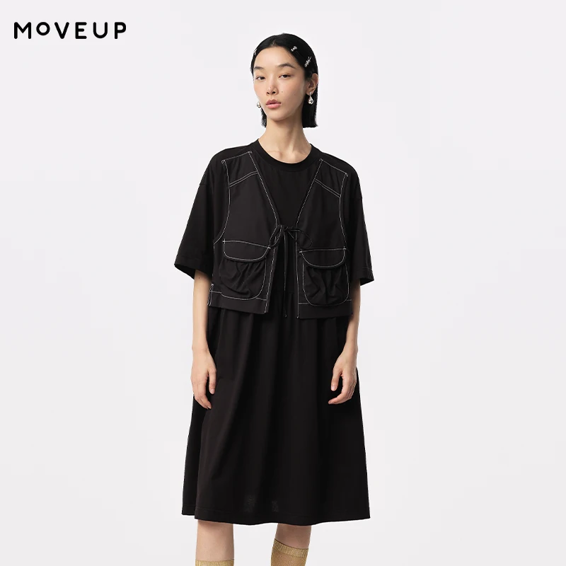 

MOVEUP Short Sleeved Round Neck Dress 2026 Summer New False Two-Piece Pocket Contrast Line Knitted Loose A-Line Dress 324211327