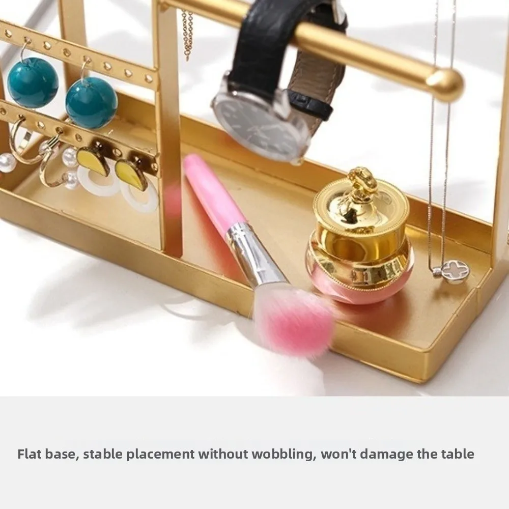 

Metal Jewelry Display Rack Multifunctional Hanging Hook Necklace Storage Rack with Tray Dish Desktop Organizer
