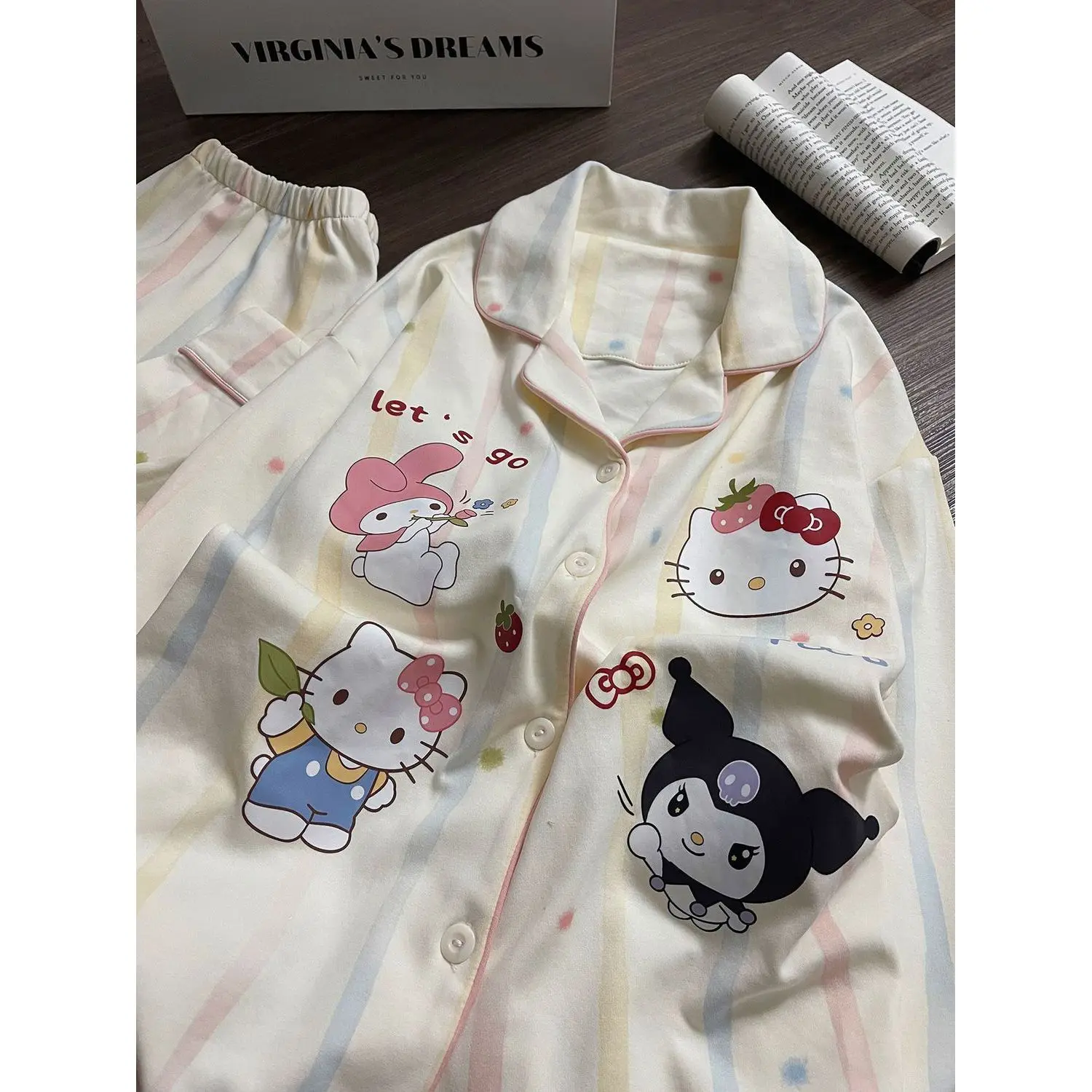 

Hello Kitty Women's Spring Autumn Cute Cartoon Striped Pajama Set Long Sleeve Pants Soft Comfy Home Loungewear