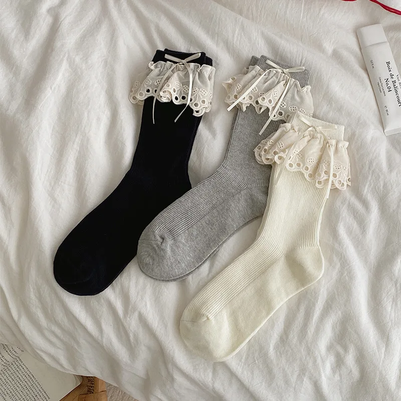 3 Paar elegante, minimalistische Spitzen-Damensocken, Damen-Socken mit Schleife und mittlerer Röhre, süße, modische, neue Frühlings- und Sommer-Baumwollsocken