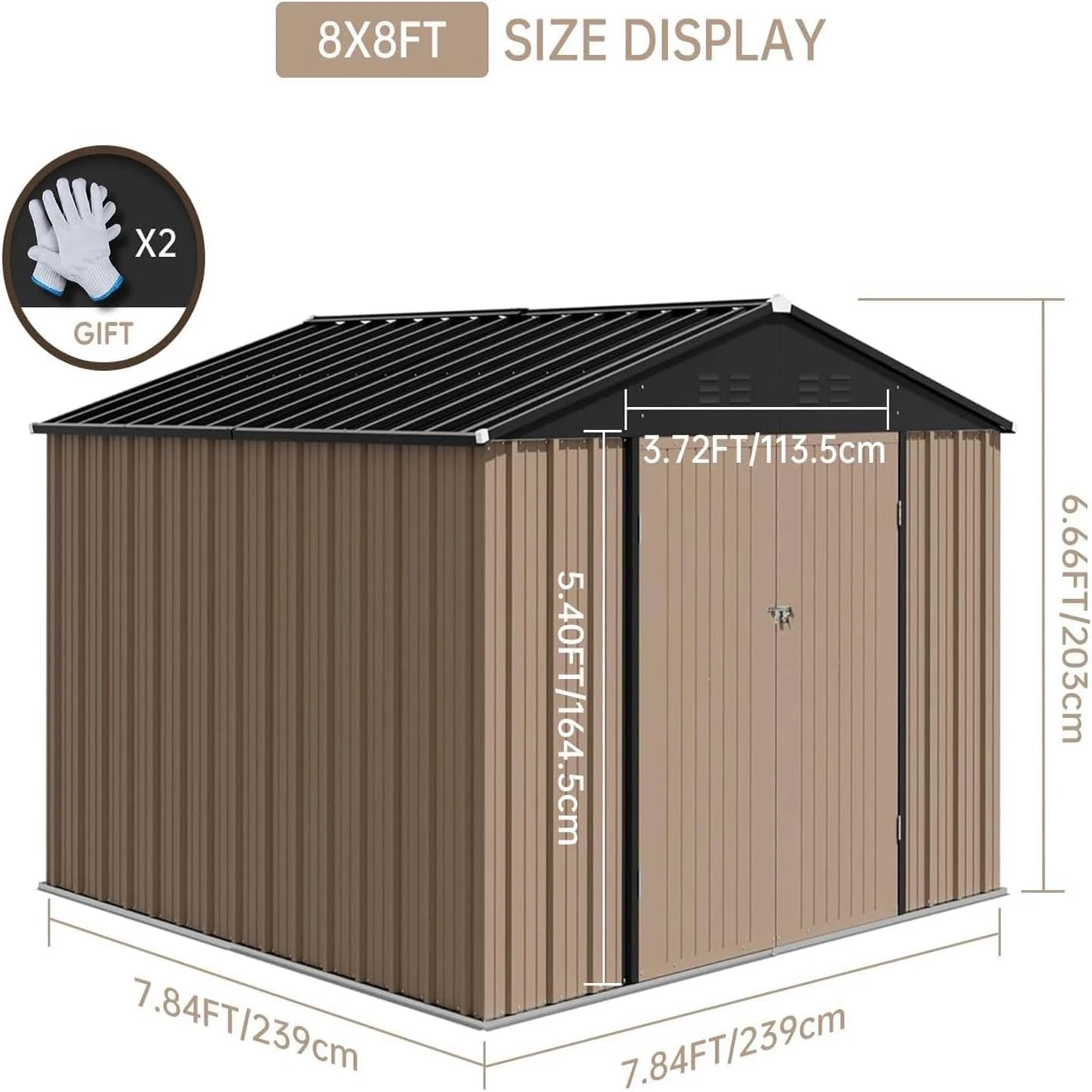 سقيفة تخزين معدنية خارجية مقاس 8 × 8 أقدام، منزل تخزين سقيفة أدوات فولاذية مع تصميم باب قابل للقفل للحديقة والفناء الخلفي