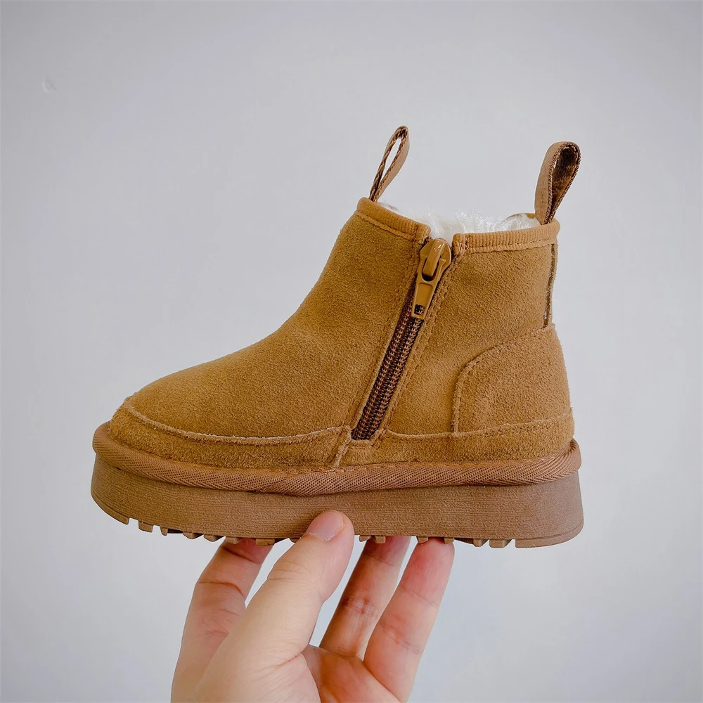 Botas de algodón de cuero genuino para niños, botas de nieve cálidas, impermeables, a la moda, para aumento de altura, Invierno