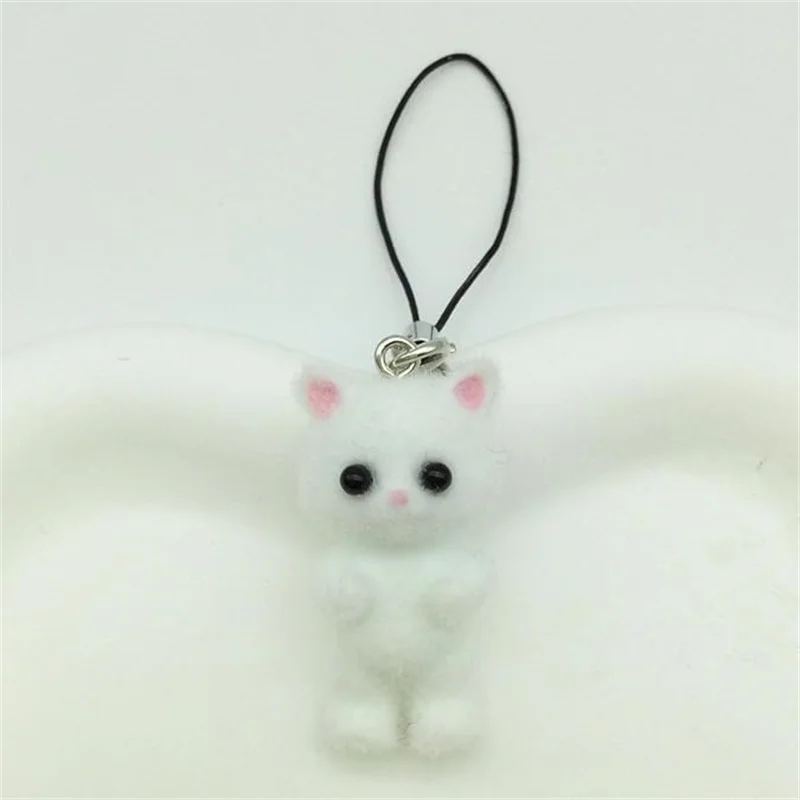 1 Pcs Flocking Fabric 3D Lovely White Black Cat Mobile Phone Charms Cute Animal Cellphone Keychain Lanyard Strap