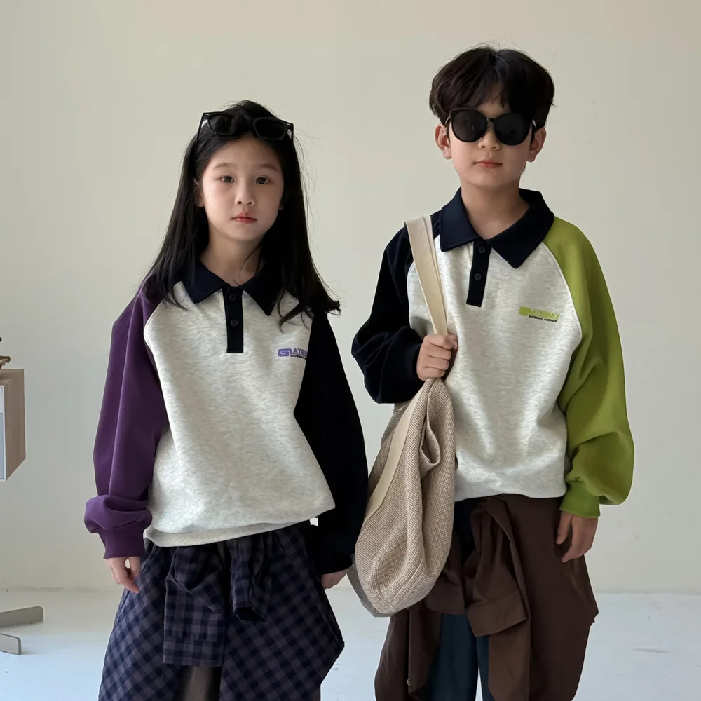 

2025 Autumn Kids' Polo Neck Hoodie Boys' Girls' Casual Long Sleeve Top Korean Style Cute Toddler Clothes