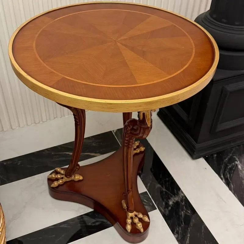 Neoclassical Sun Pattern Inlaid Wood Grain Gold Foil Eagle Claw Foot Tripod Rounded Corner Side Table
