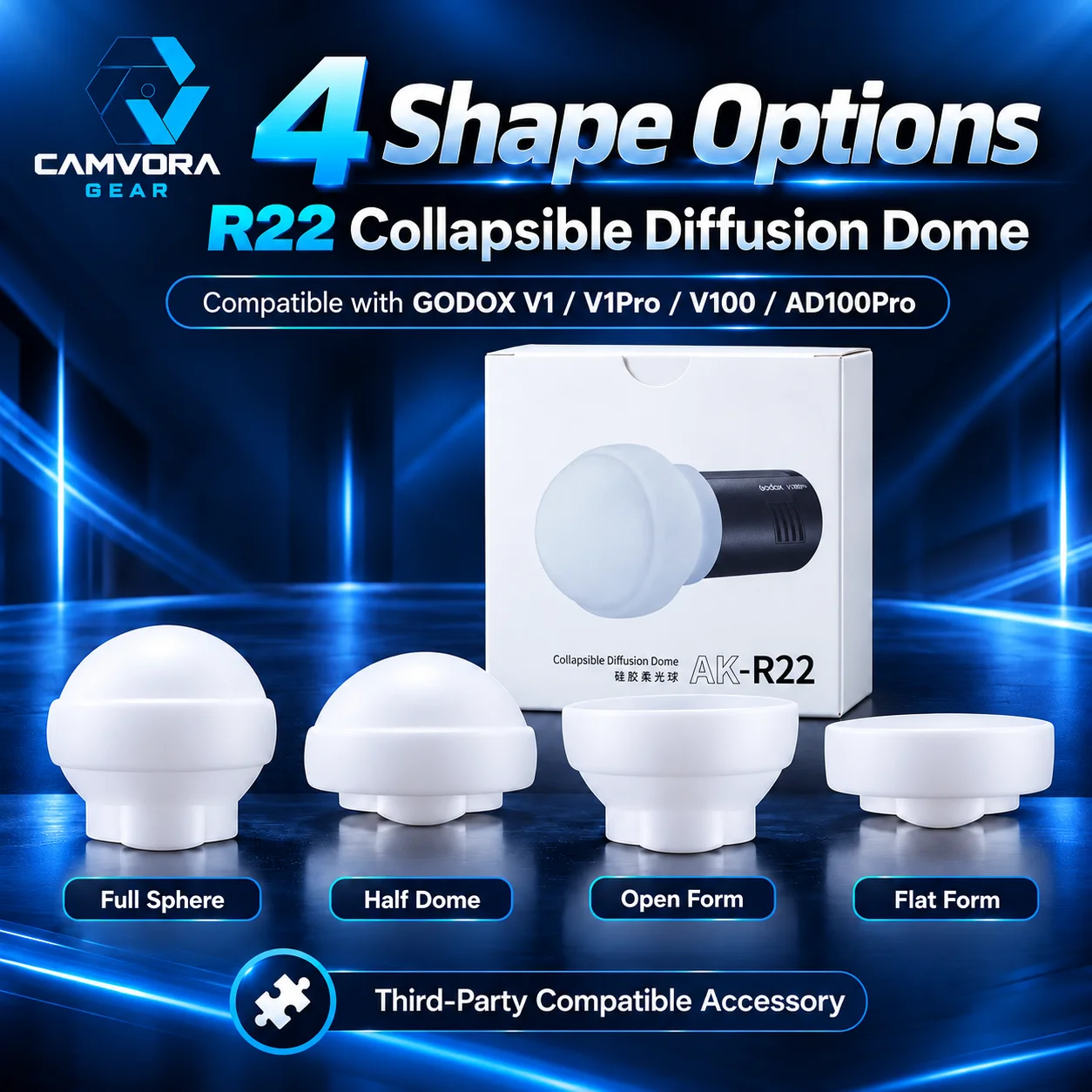 Portrait Lighting Accessory CAMVORA R22 Silicone Sphere Diffuser, Foldable Softbox for Godox V1 V1Pro V100 AD100Pro Flash