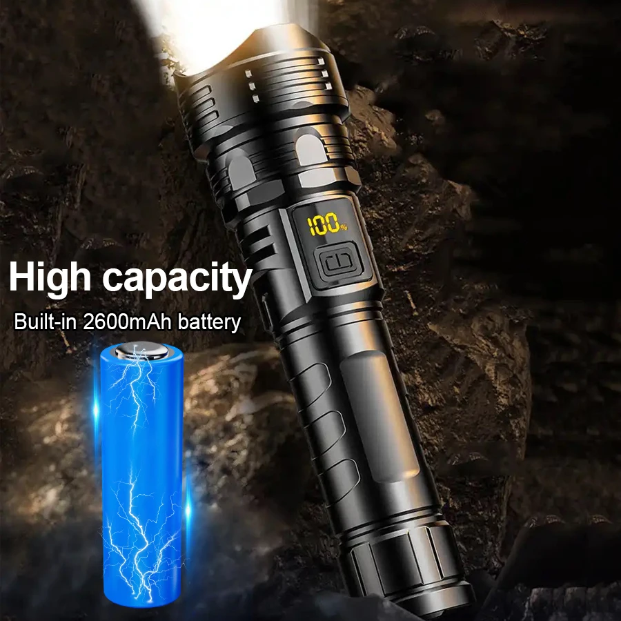 High Strong Power 500W Led Flashlights with Display Rechargeable Powerful Flashlight Tactical Torch Lamp Outdoor Camping Lantern