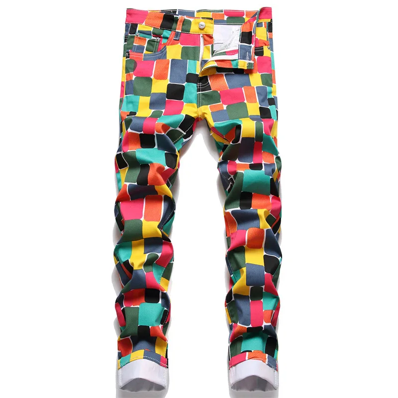 European and American Style Fashion Nightclub Color Printed Pants Men's Slim-Fitting Cool Feet Handsome Casual Men's Trousers