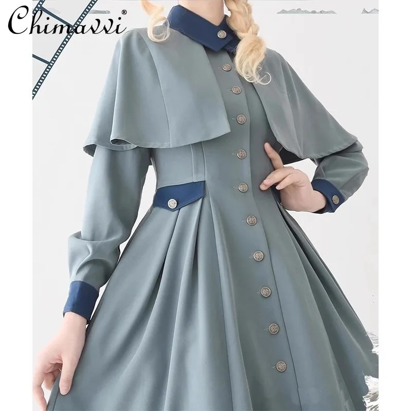 Gray-blue Retro Classic Single-breasted Jacket Spring Autumn New Lolita Style Slim Long-sleeved Elegant Mid-length Dress Coat