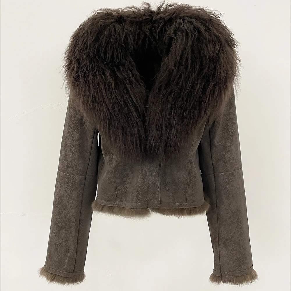 Real Mongolian Sheep Fur Coat Autumn Winter New 2025 Fashion Rabbit Fur Lining Suede Fur Coat Women with Long Sleeve Fur Jacket