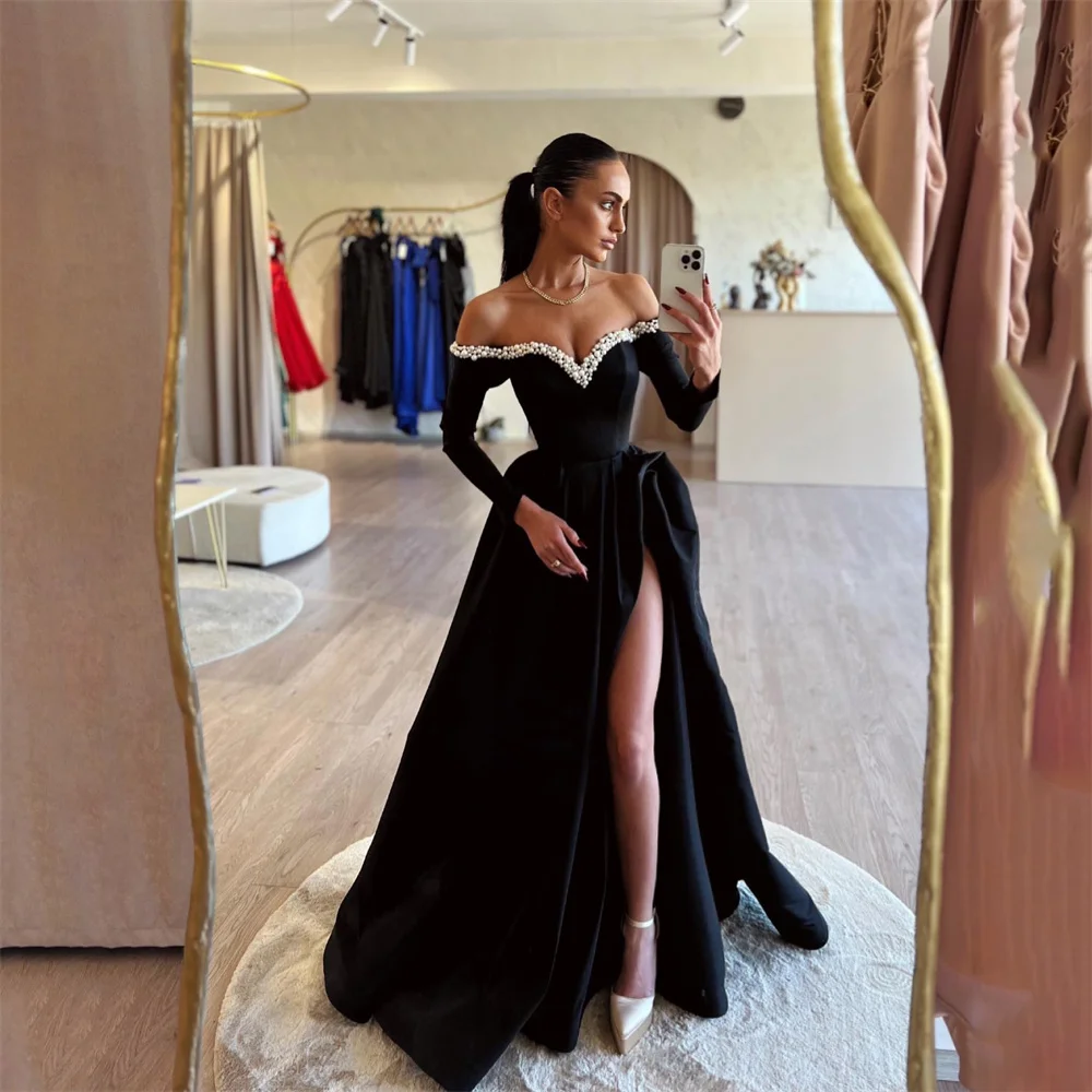 

Lily Off Shoulder A Line Woman Evening Dress Gown with Beading V Neck Ball Gown Black Stain Night Dress Gown robes de soirée