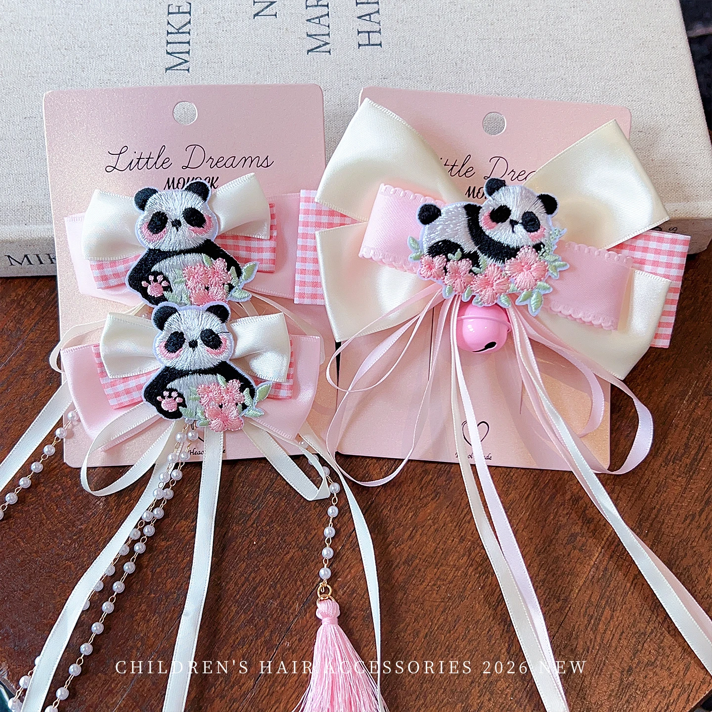 Set mit bestickten Panda-Plüsch-Haarspangen, Schleifen, langen Bändern und Quasten, Haarschmuck für kleine Mädchen, Prinzessinnen-Geburtstagsfoto-Haarschmuck – Detail 3