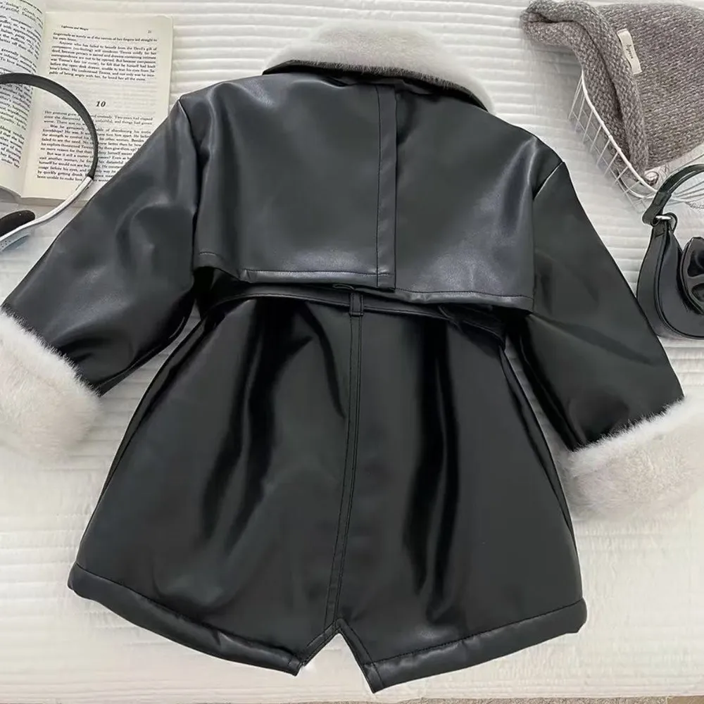 

Winter Girls' Dress Style Fleece-Lined Thickened Warm Children's Leather Jacket Waist-Defining Children's Trench Coat
