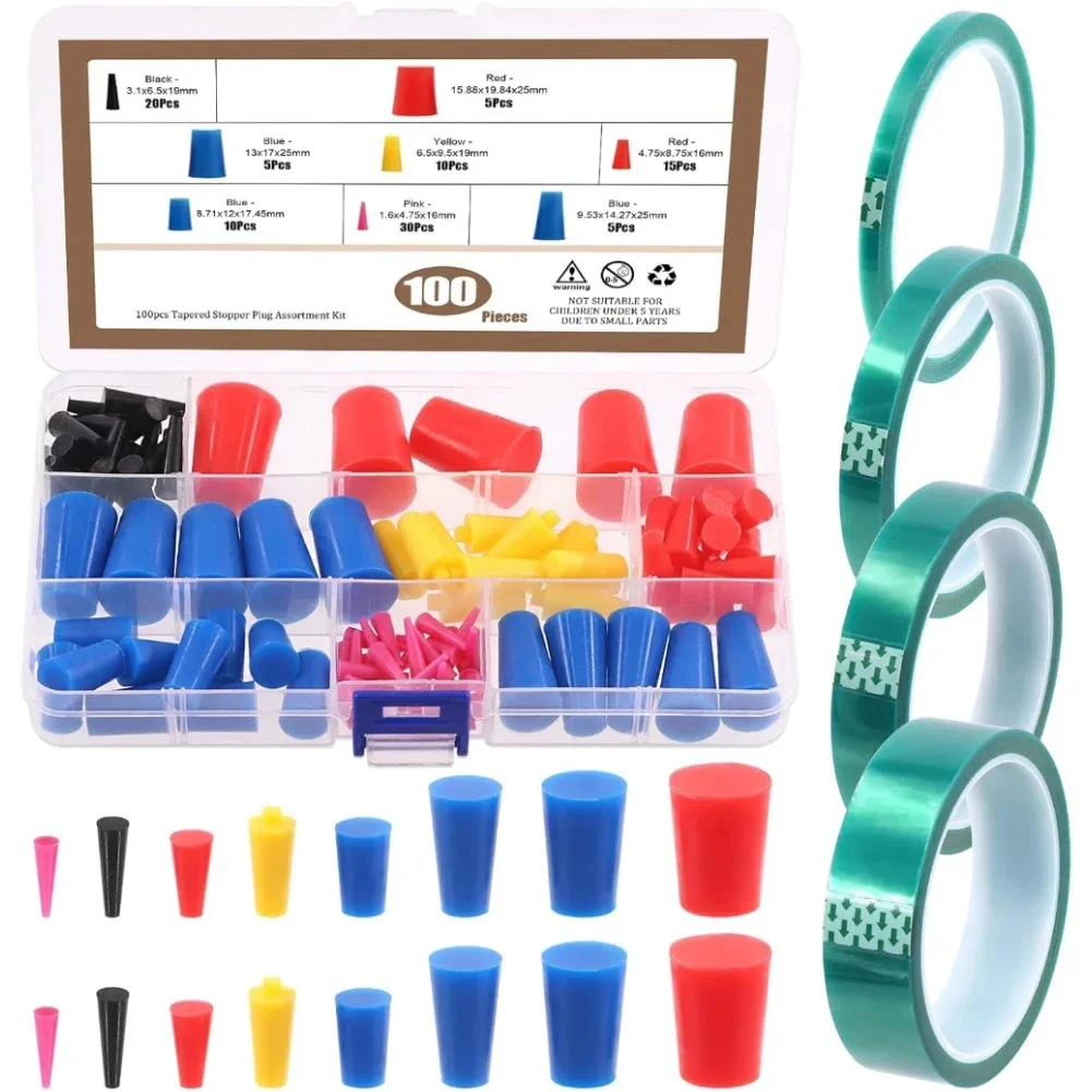 105Pcs Coating Plu Kit With PET Masking Tape High Temp Silicone Rubber Box Kit Powder Coating Silicone Cone Plu
