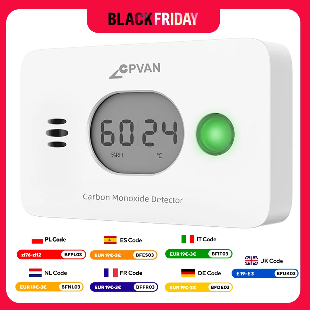 CPVAN Carbon Monoxide Detector 3 in 1, 10 Years Battery, CO Detector with Temperature and Humidity, European Standard EN50291