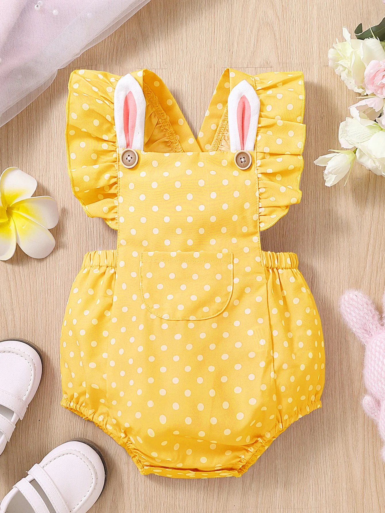 Summer Newborn Baby Yellow Polka Dot Rabbit Ear Bottom Feeding Romper Infant Clothing with Ear Head Cover Baby Romper