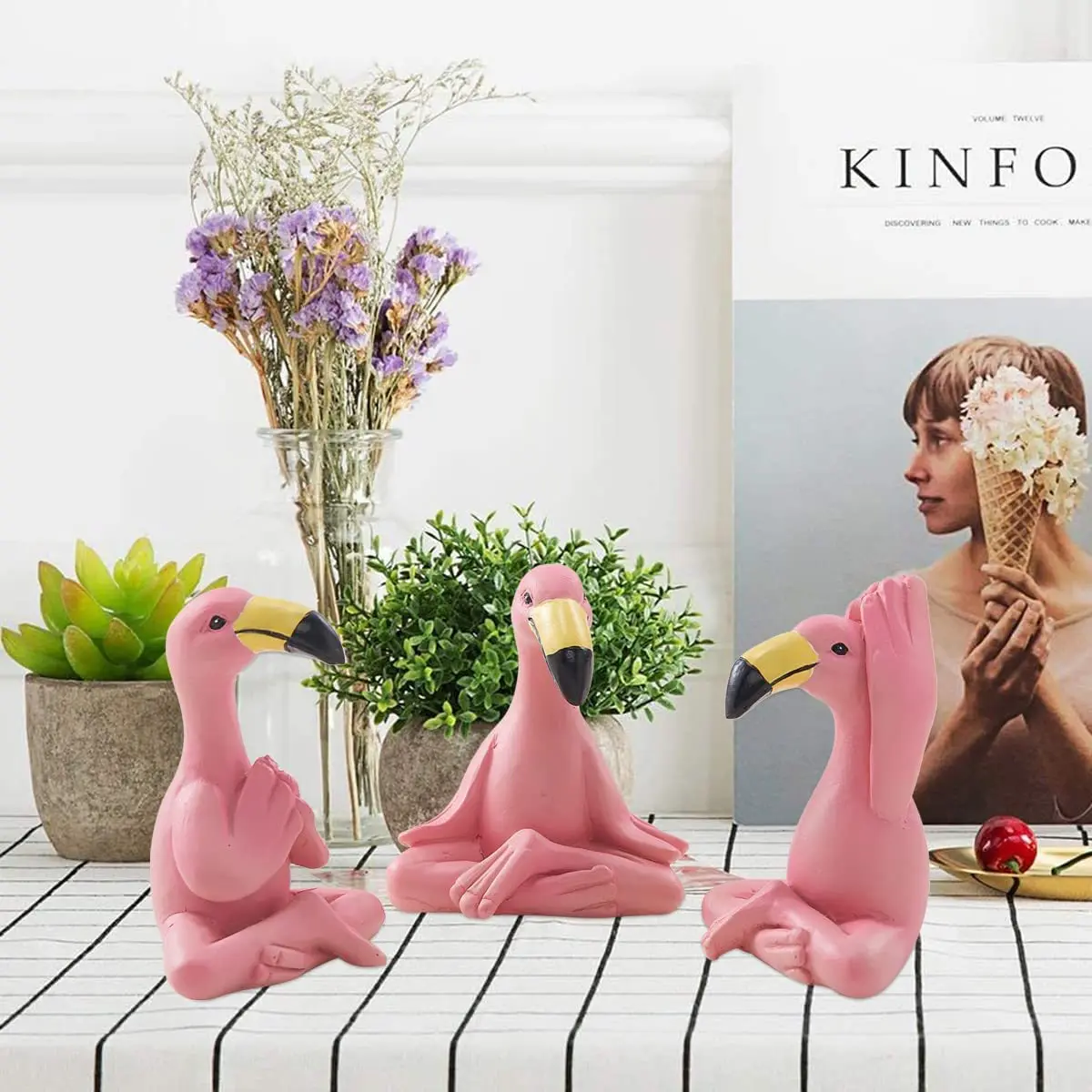 Mini Yoga Flamingo Figurines Tiny Gifts Kawaii Pink Flamingo Desk Decor Set of 3 Fairy Garden Lawn Statues Fun Home Decor