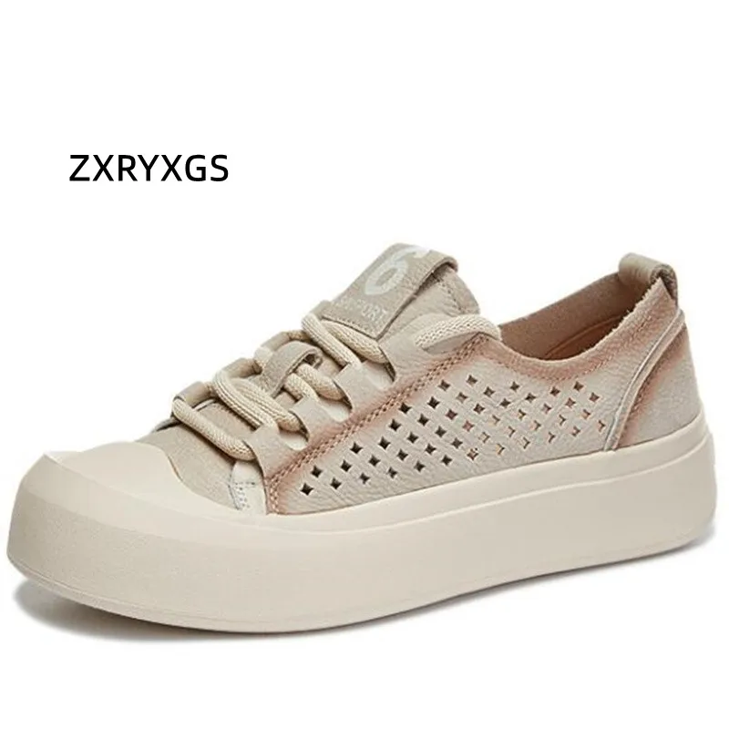 

ZXRYXGS 2024 New Genuine Leather Hollow Spring Summer Sneakers Flat Shoes Large Size Breathable Comfortable Casual Sneakers Tide