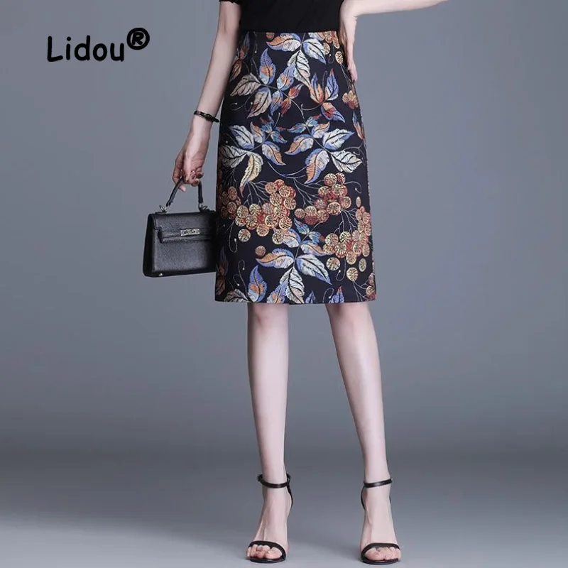 

Printed Buttocks Skirt Spring Summer 2023 New Classic Split Mid Length Straight Short Office Casual Floral One Step Skirt