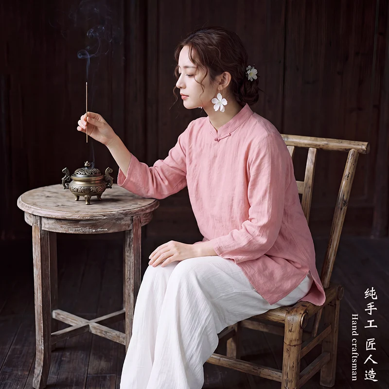 Chinese Style Tai Chi Suit Spring Autumn Tea Clothing Loose Comfortable Qi Gong Ba Duan Jin Frog Button Contrast Gauze Linen
