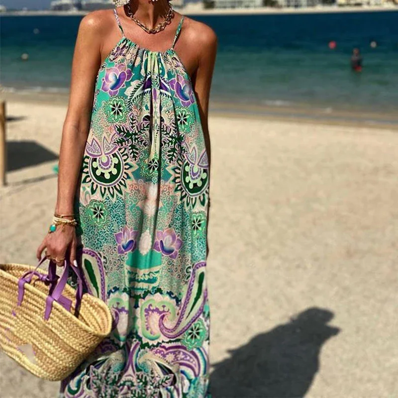 

Elegant Women Pattern Print Loose Party Dress Sexy 2024 Off Shoulder Hem Dresses Summer Ladies Sleeveless Halter Beach Dress
