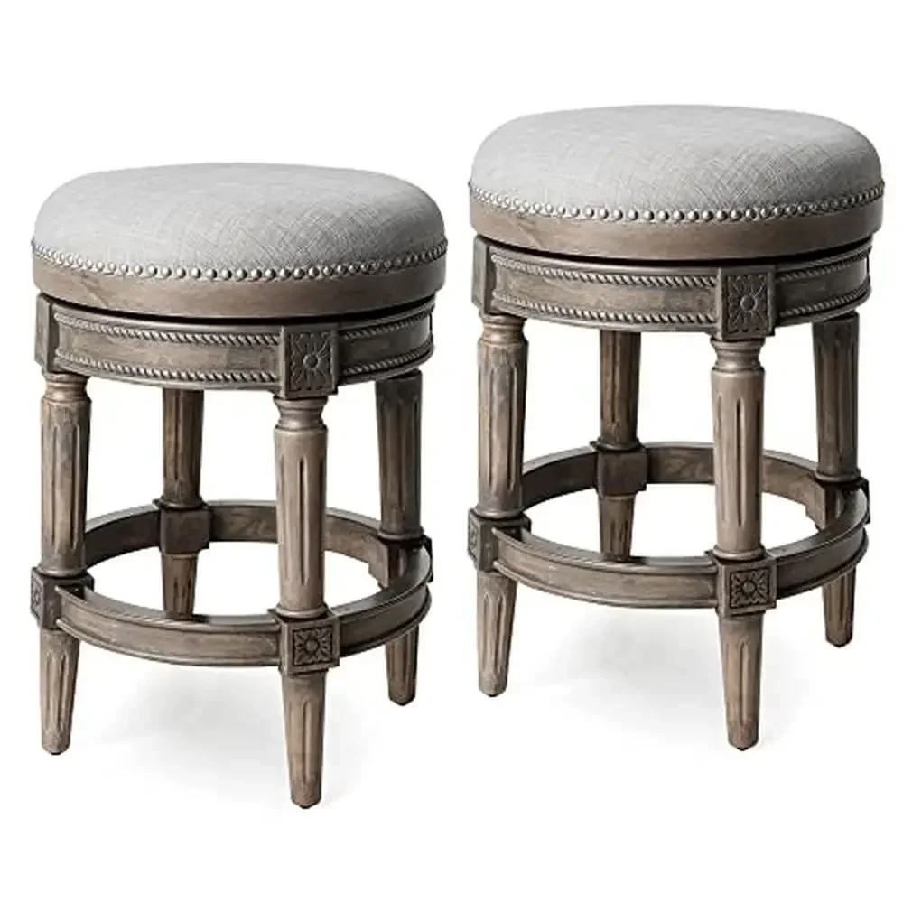 Tall Backless Swivel Barstool Set Ash Grey Upholstered Cushion Wooden Counter Stools 26