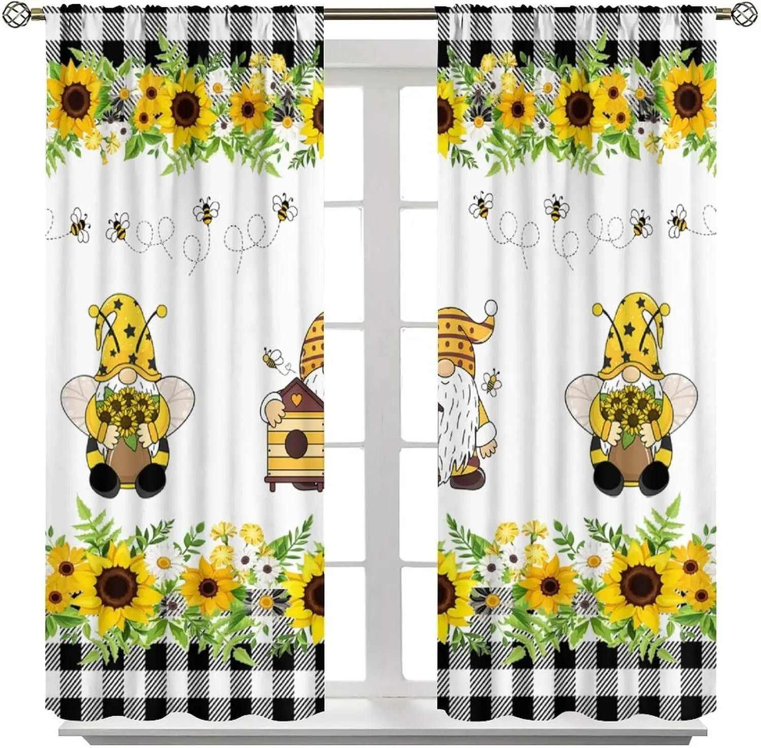 Sunflower Gnome Farmhouse Curtains 2pcs Black White Plaid Rustic Yellow Floral Window Drapes Summer Cottage Decor