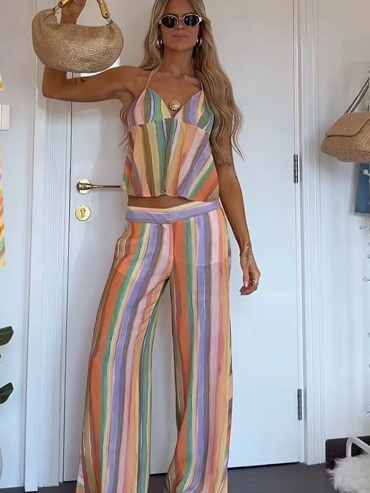 Neues Damen-Set mit gestreiften Hosen, Neckholder-Top mit Schnürung am Rücken, weit geschnittene Hose mit mittlerer Taille, lässiges Sommer-Urlaubs-2-Teiler-Set