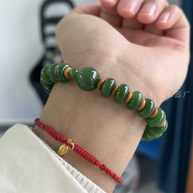 Hetian Jadeite Zhengyang Abacus Bead Bracelet With Full Green Peace Beads 10Mm, No Black Spots