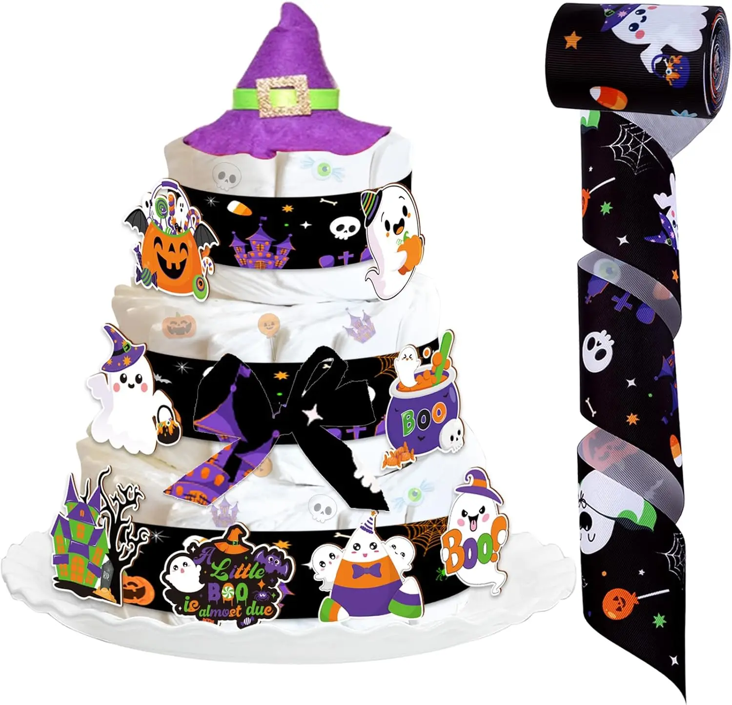 Funmemoir Orange Green Purple Halloween Baby Shower Diaper Cake Decorations Ghost Patterned Ribbons , Cards Gender Reveal Party