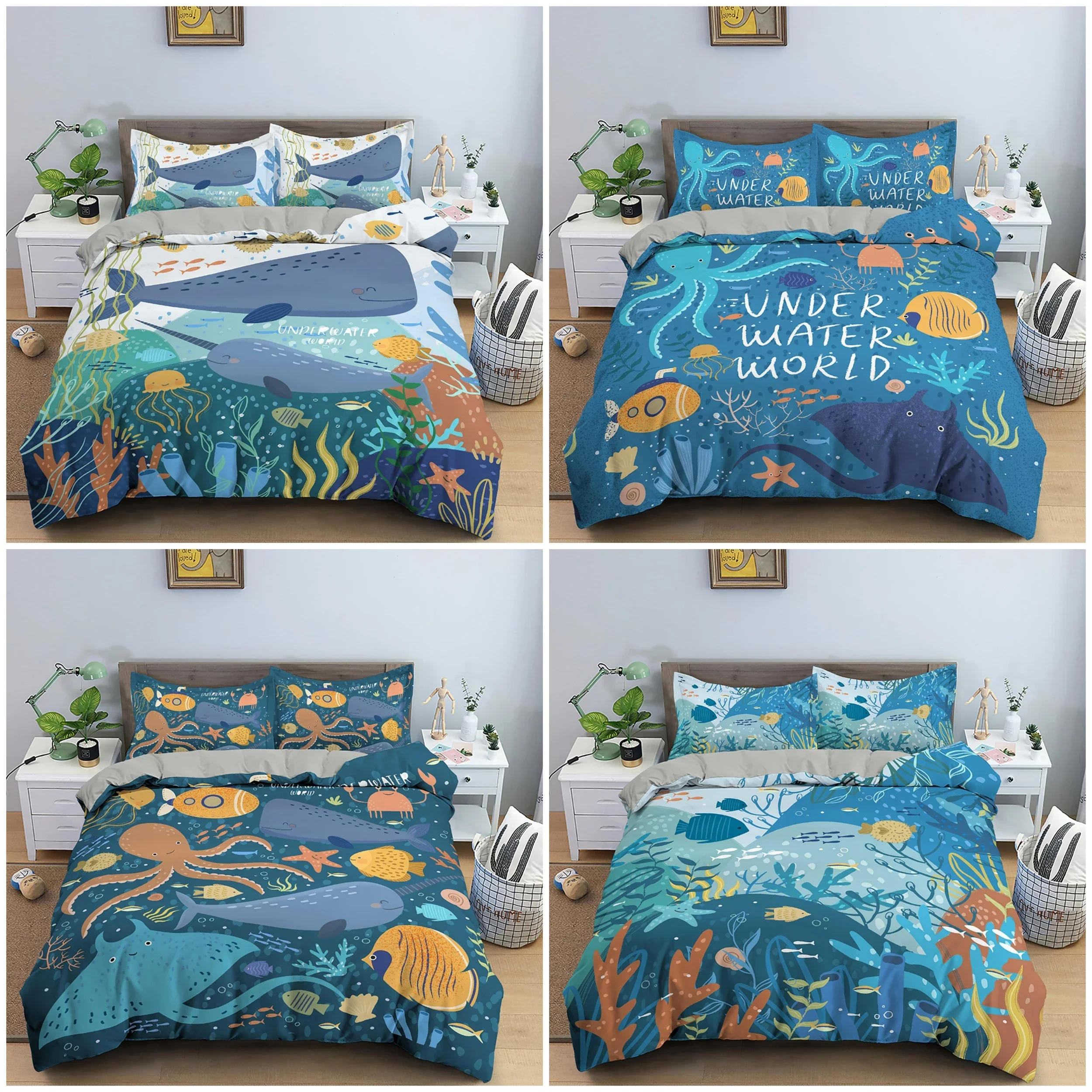 Cartoon Pattern Bedding Set Sea Animals Duvet Cover Set Underwater World Quilt Cover With Pillowcase Home Textile For Kids