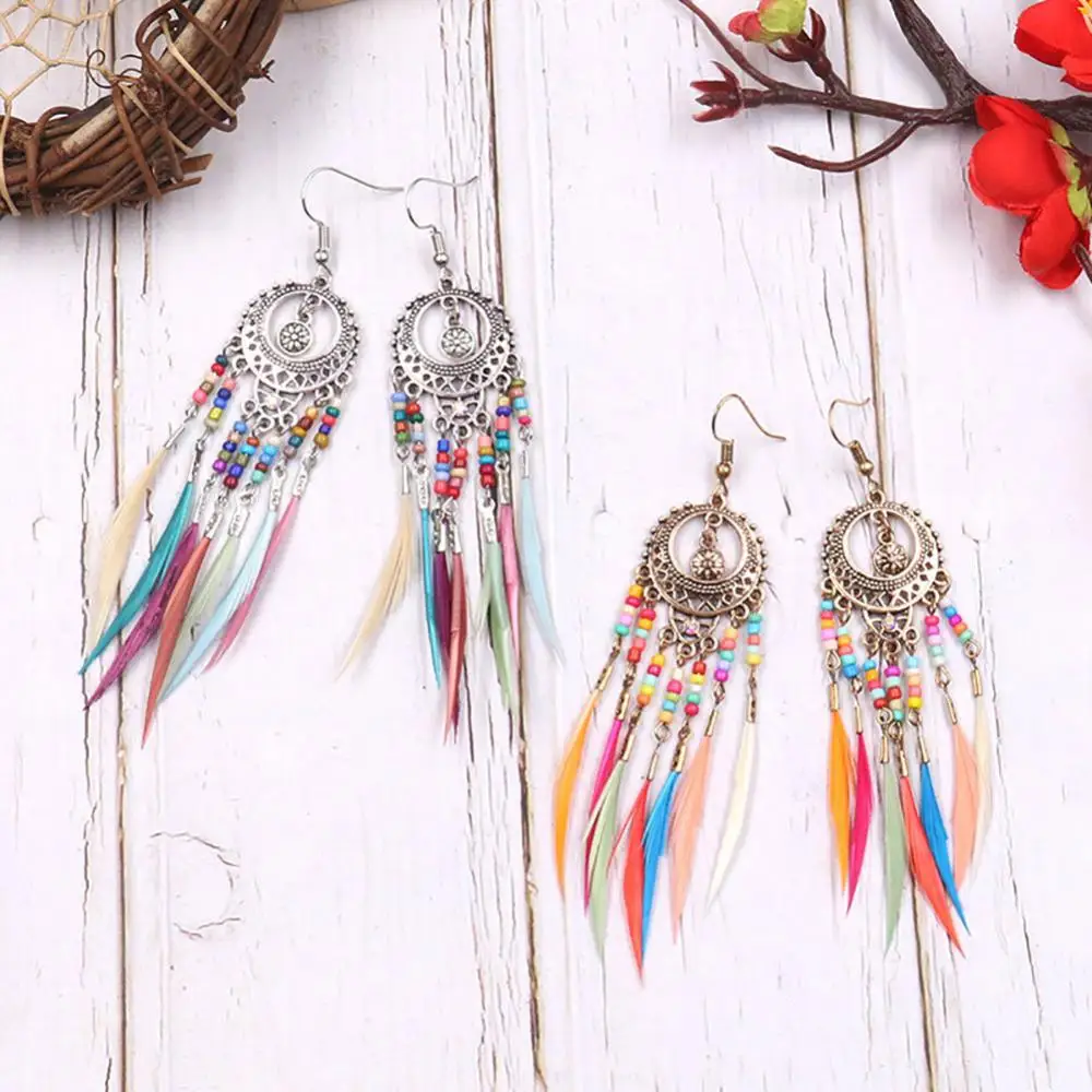 Hook Earrings Jewelry Boho Women Hollow Carved Circle Feather Tassel Dangle