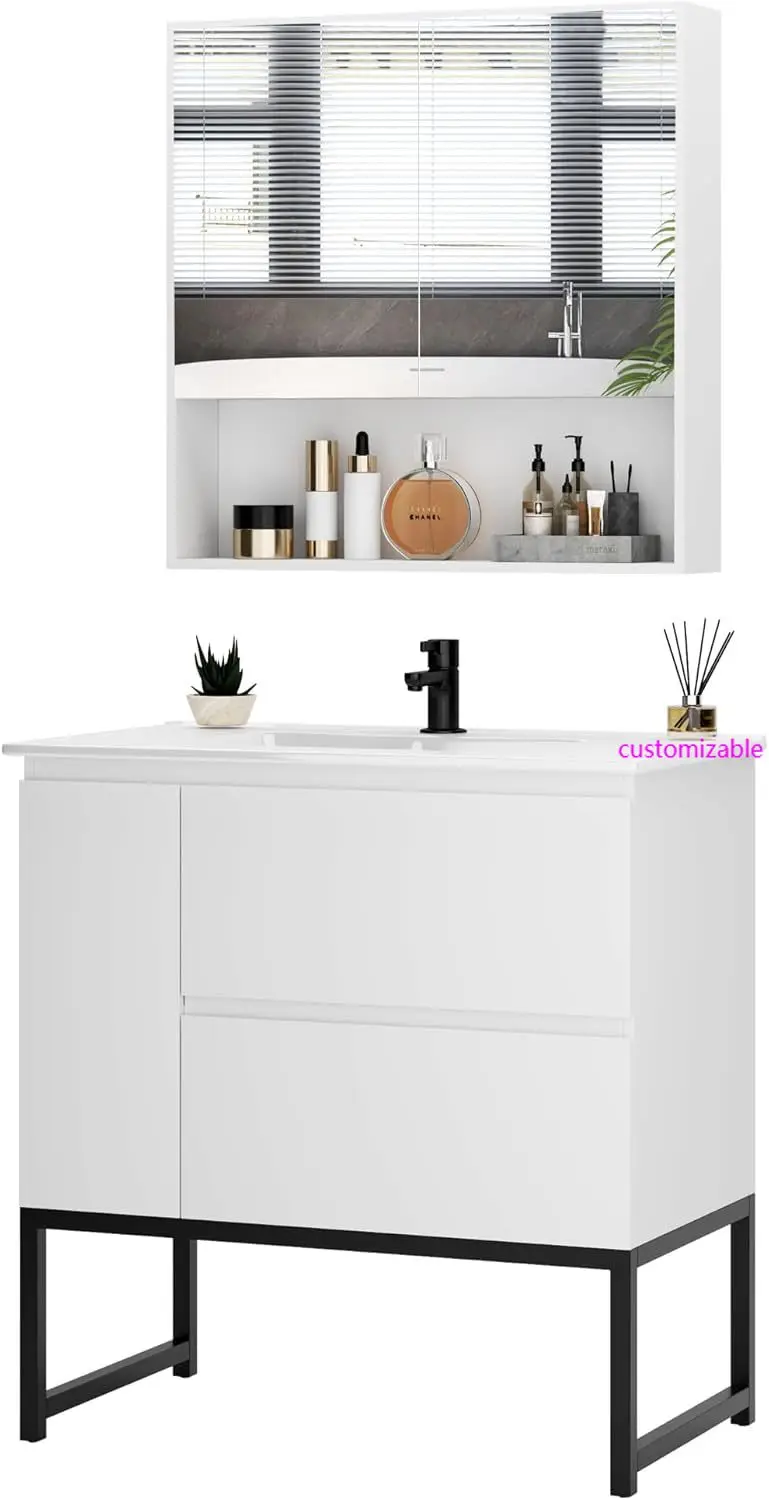 

32" Floor Bathroom Vanity with Mirror Cabinet & Top Sink Combo Set, Modern Bath Room Storage and Makeup Solution, White