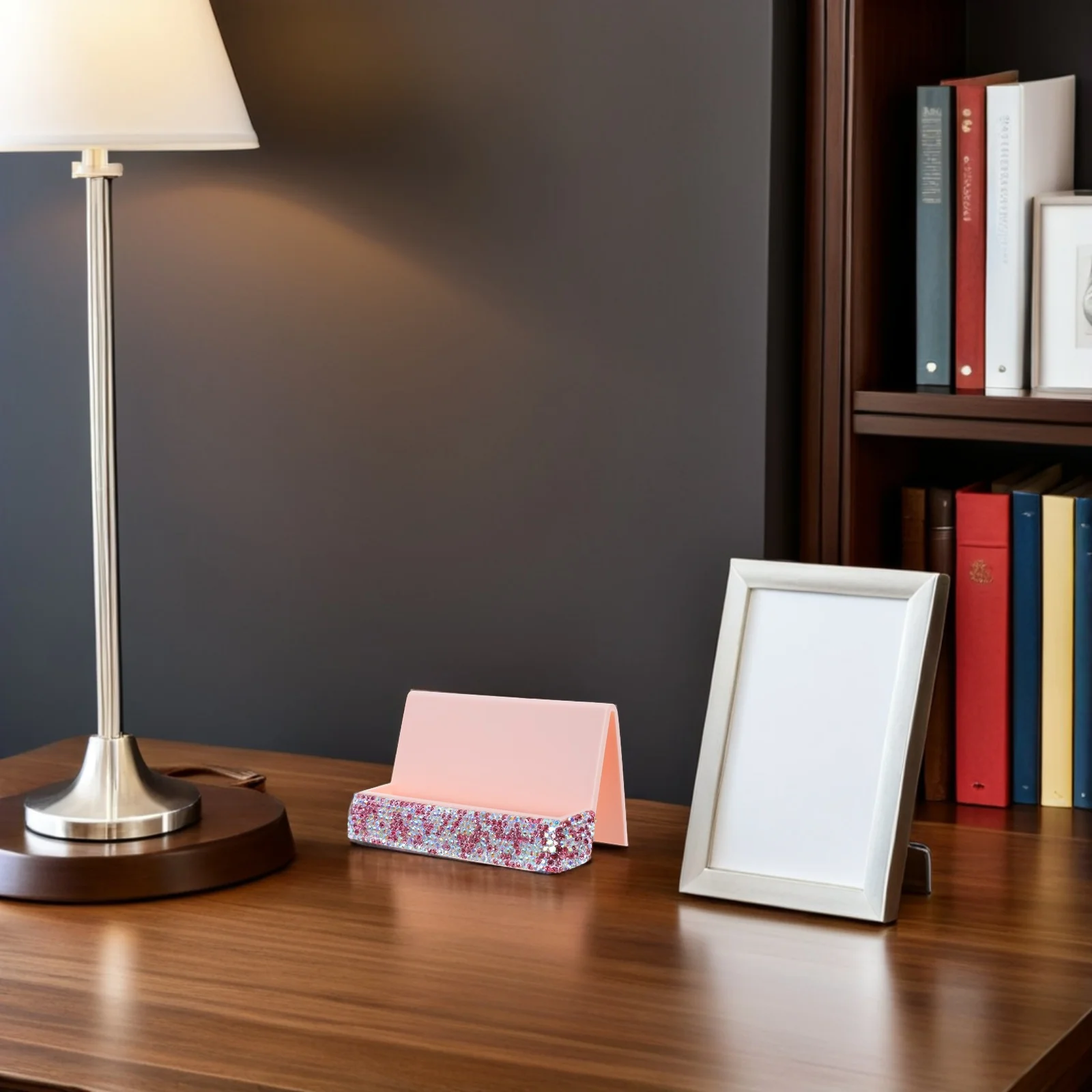 

Rhinestones Business Card Holder for Desk Crystal Pink Office Home Desktop Display Stand Organizer Box Visiting Card Holder