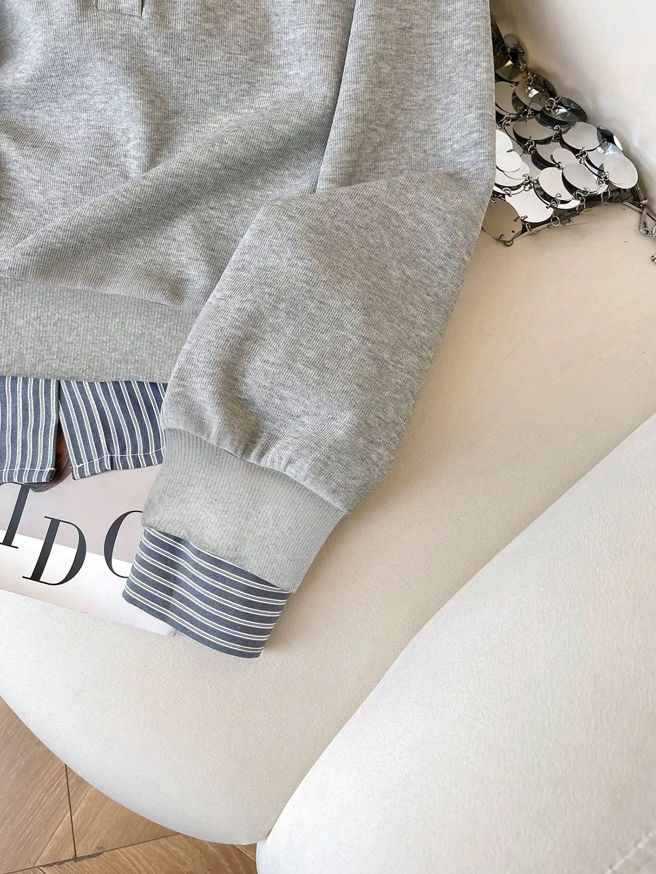 Women's Gray Striped Collar Half-Zip Long Sleeve Sweatshirt, Casual Loose Fit Pullover