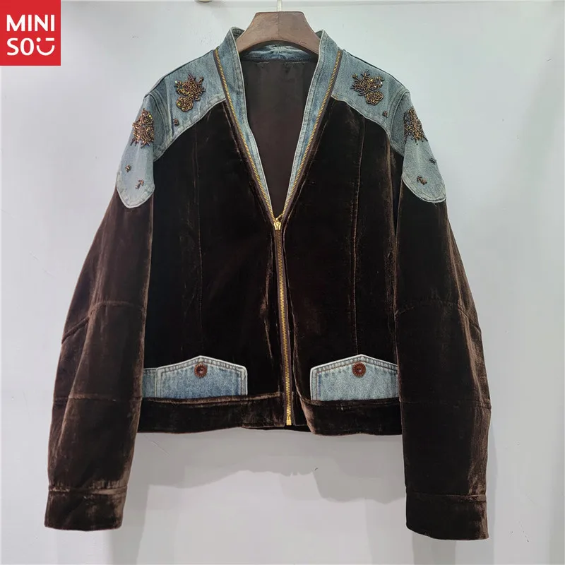 

Miniso 2025 Autumn Velvet Splicing Denim Jacket, Color Block Beaded Embroidery Coating