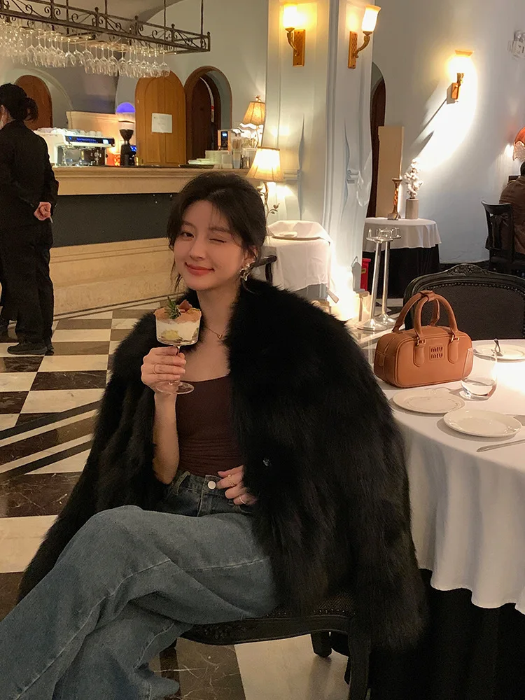 Women Faux Fox Fur Coats Solid Short Jackets Long Sleeves Turn Down Collar Open Stitch Loose Elegant Casual 2026 Autumn Winter