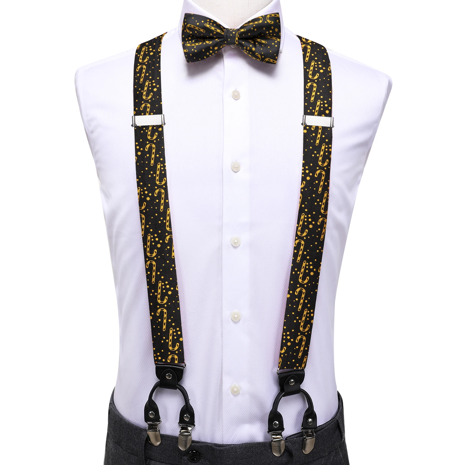 Hi-Tie Christams Black Gold Designer Silk Mens Suspender Fashion Suspender Xmas Bow Tie Leather Metal 6 Clips Suspender Braces