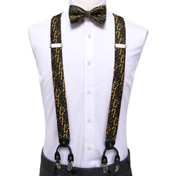 Hi-Tie Weihnachts Schwarz gold Designer Seide Herren Hosenträger Mode Hosenträger Weihnachten Fliege Leder Metall 6 Clips Hosenträger Hosenträger