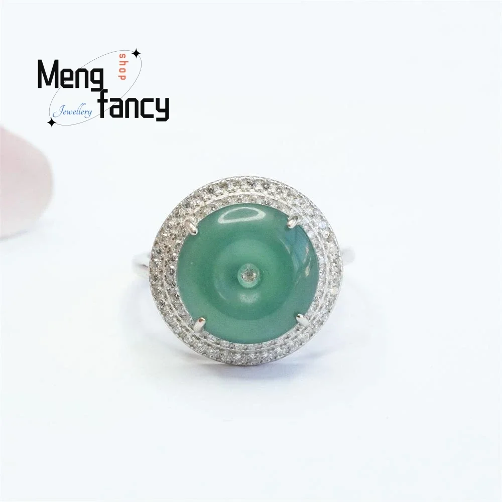 S925 Silver Lnlaid Natural Jadeite Ice Blue Horizontal Ann Buckle Ring Exquisite Elegant Charm High-grade Luxury Quality Jewelry