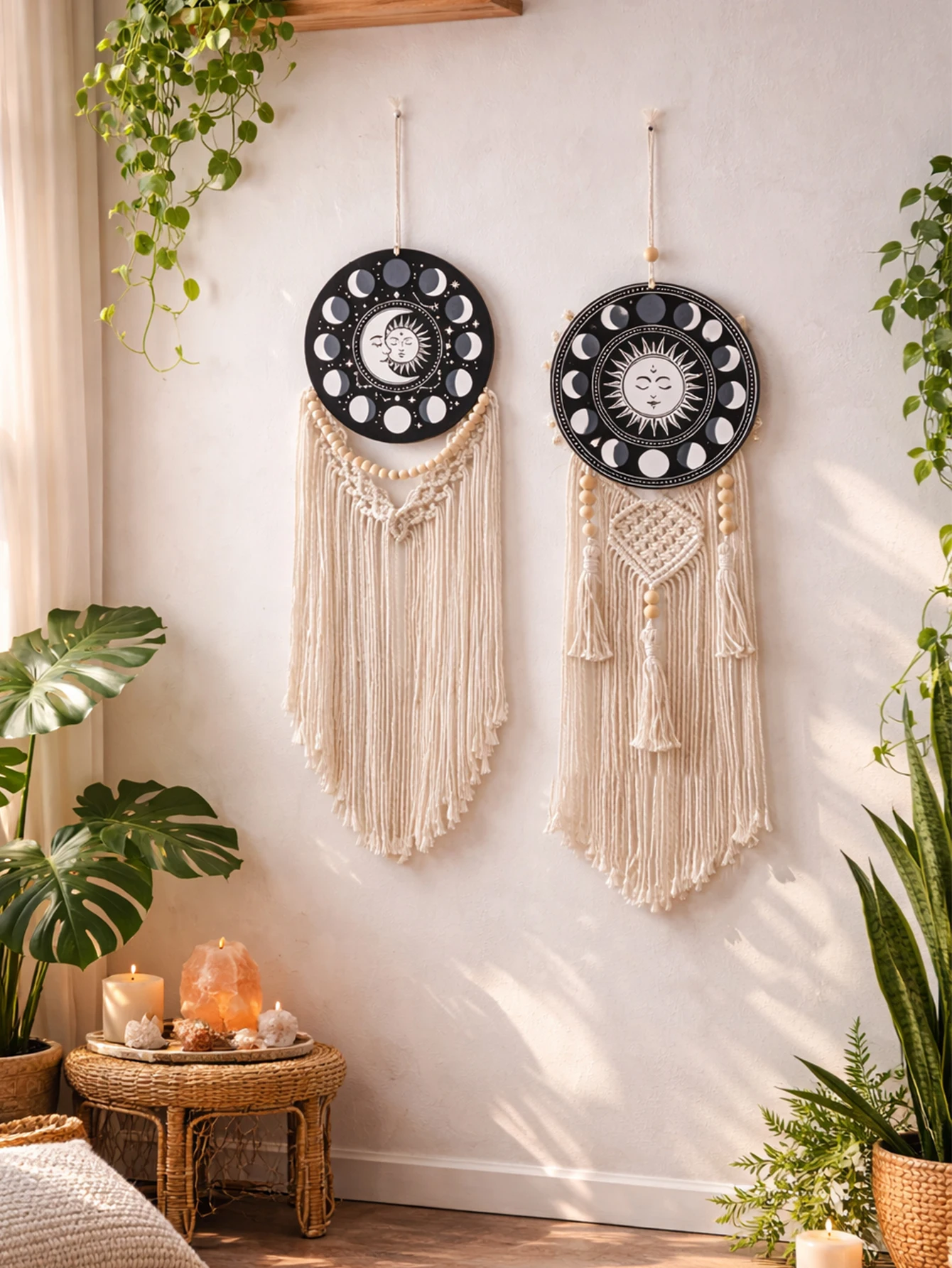 Boho Macrame Wall Hanging Sun Moon Phase Dream Catcher Tassel Tapestry Celestial Witchy Wall Art for Bedroom Living Room Gift