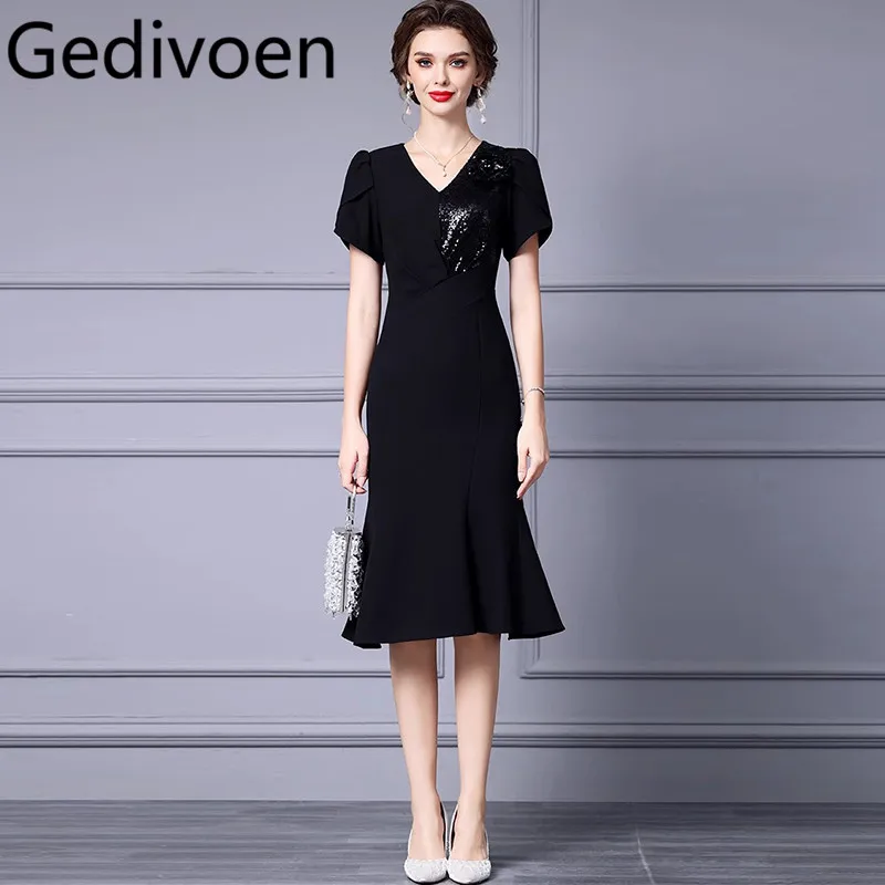 

Gedivoen Summer Fashion Runway Designer Dresses Women's Vintage Temperament Sequins Flowers Appliques Buttock Covering Dresses