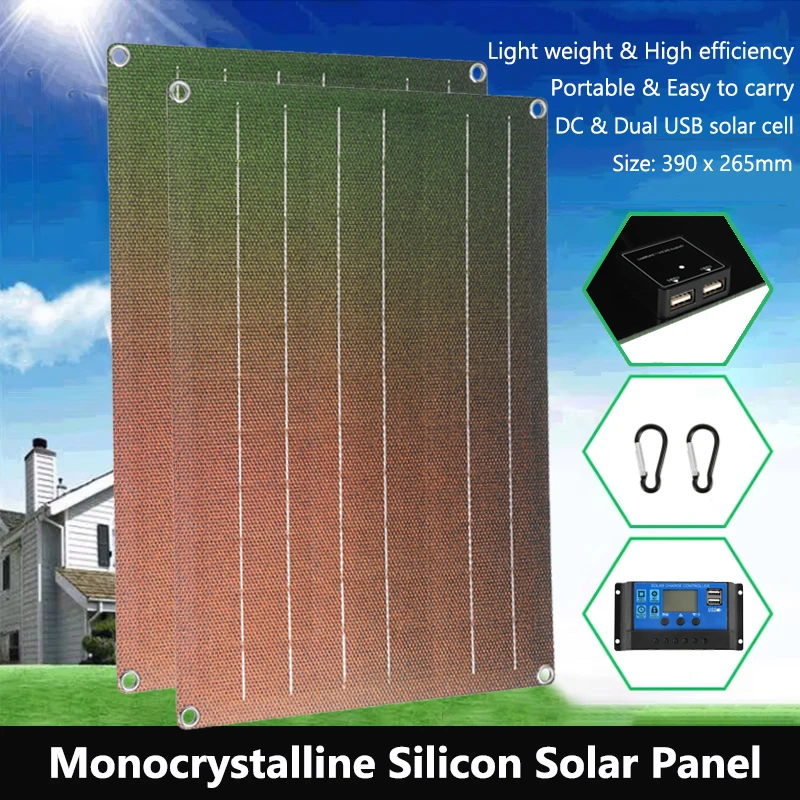 High Efficiency Solar Panel Kit 18V Monocrystalline Dual USB Portable Outdoor Solar Cell Power Charging for Phone Camping