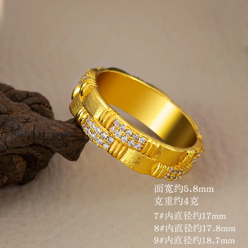 Medieval style braided brushed 9999 24K real gold dot diamond ring for women, retro, high-end and exquisite temperament ring