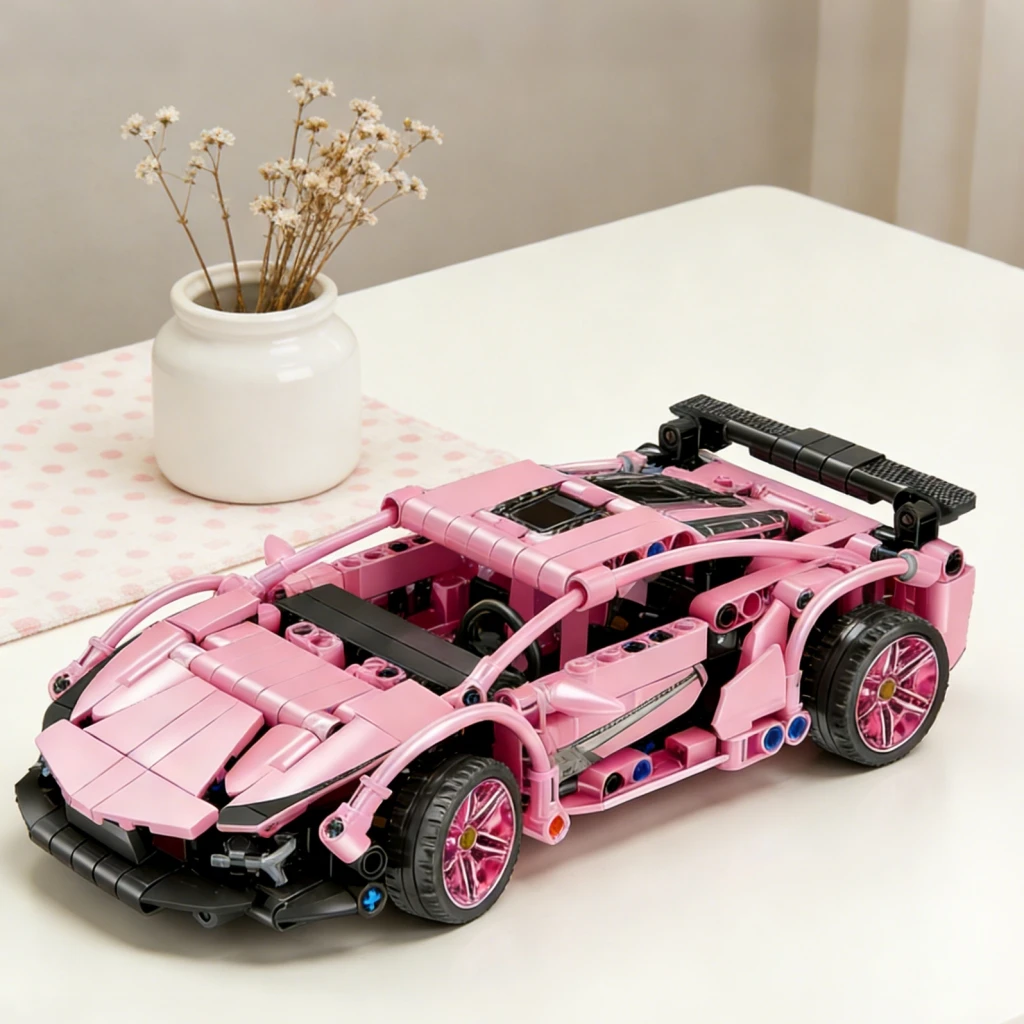 

Pink Supercar Building Blocks, Technic Racing Model with Black Rear Wing, DIY Bricks, STEM Toy