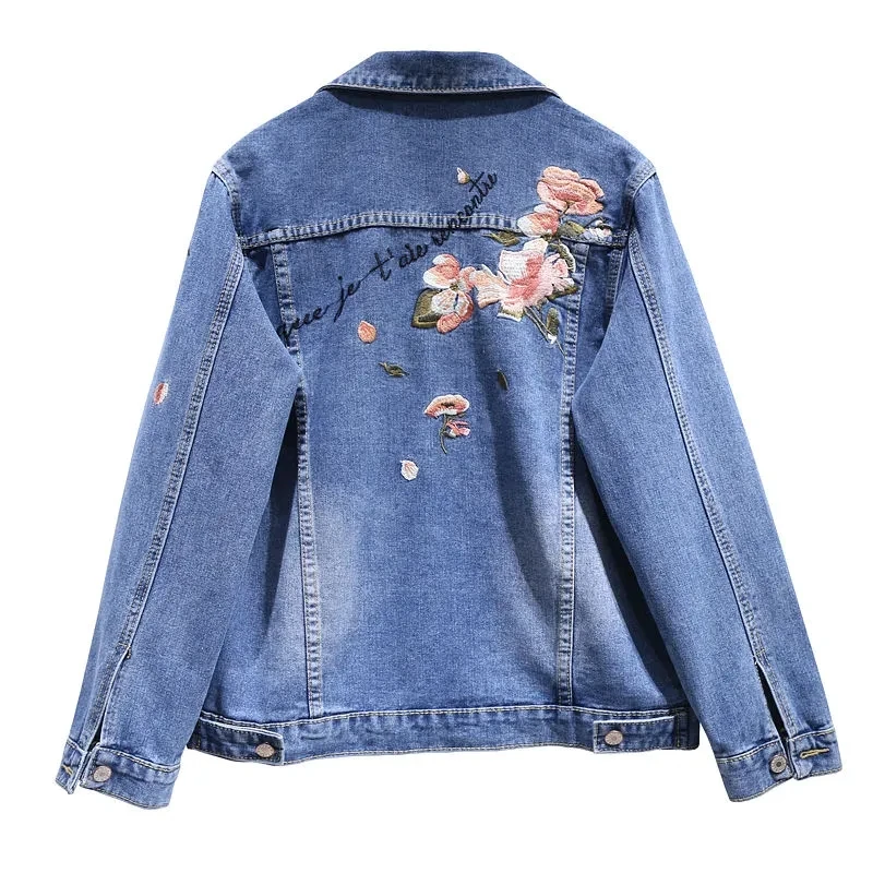 Giacca di jeans casual da donna 2025Autunno Nuovo bottone coreano Cappotto di jeans ricamato Bomber vintage Street Capispalla medio lungo femminile