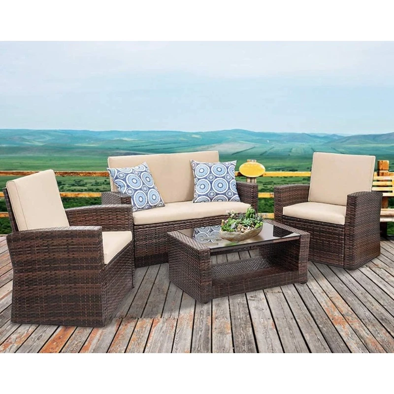 Patio Furniture Sets 4 Piece Rattan Chair Patio Sofas Wicker Sectional Sofa Outdoor Conversation (Brown and Tan)